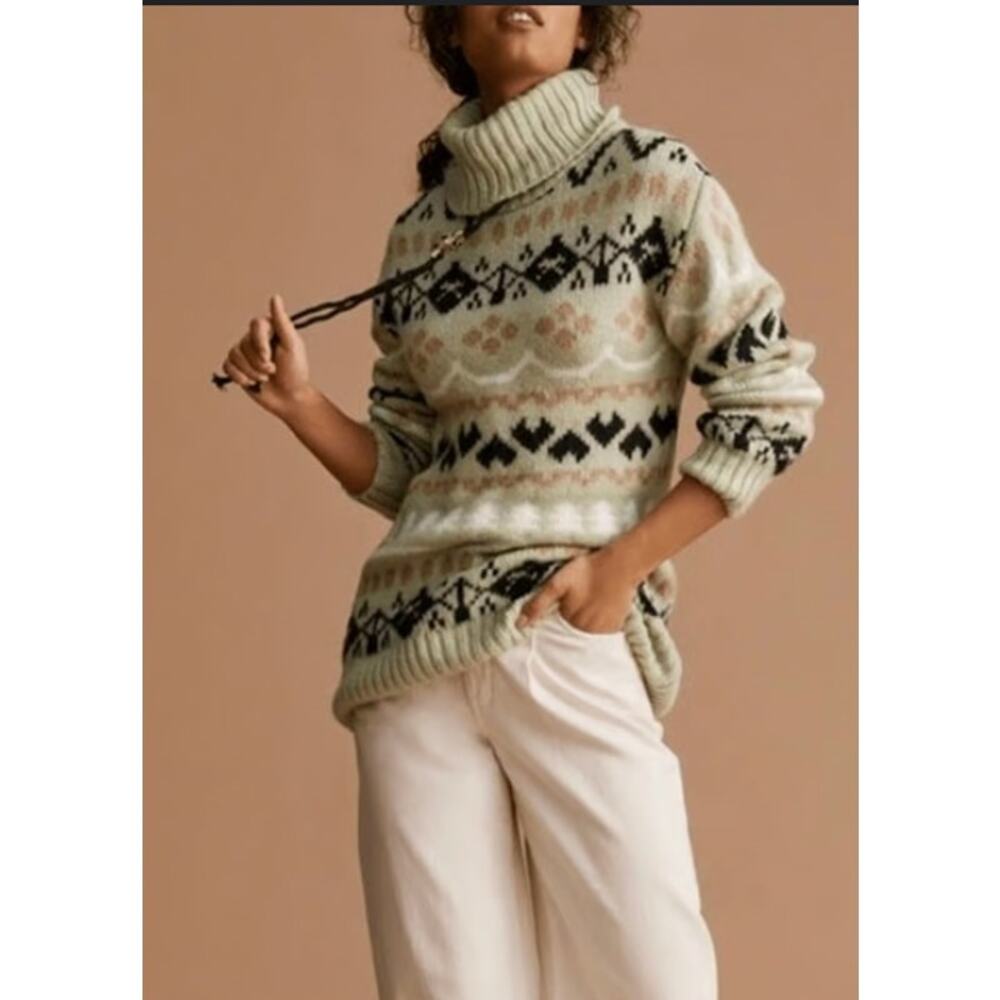 Anthropologie Oversized Green Fair Isle Turtleneck Sweater Small